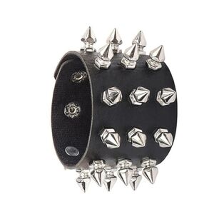 Black Faux Leather Bracelet Three Rows Of Studded Spike Rivets Punk Gothic